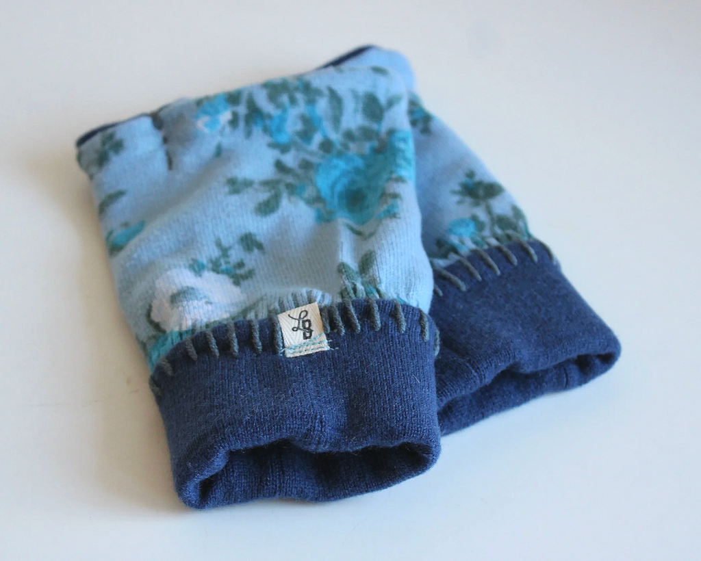 Blue Flowers Fingerless Mittens (Hand-Warmers)