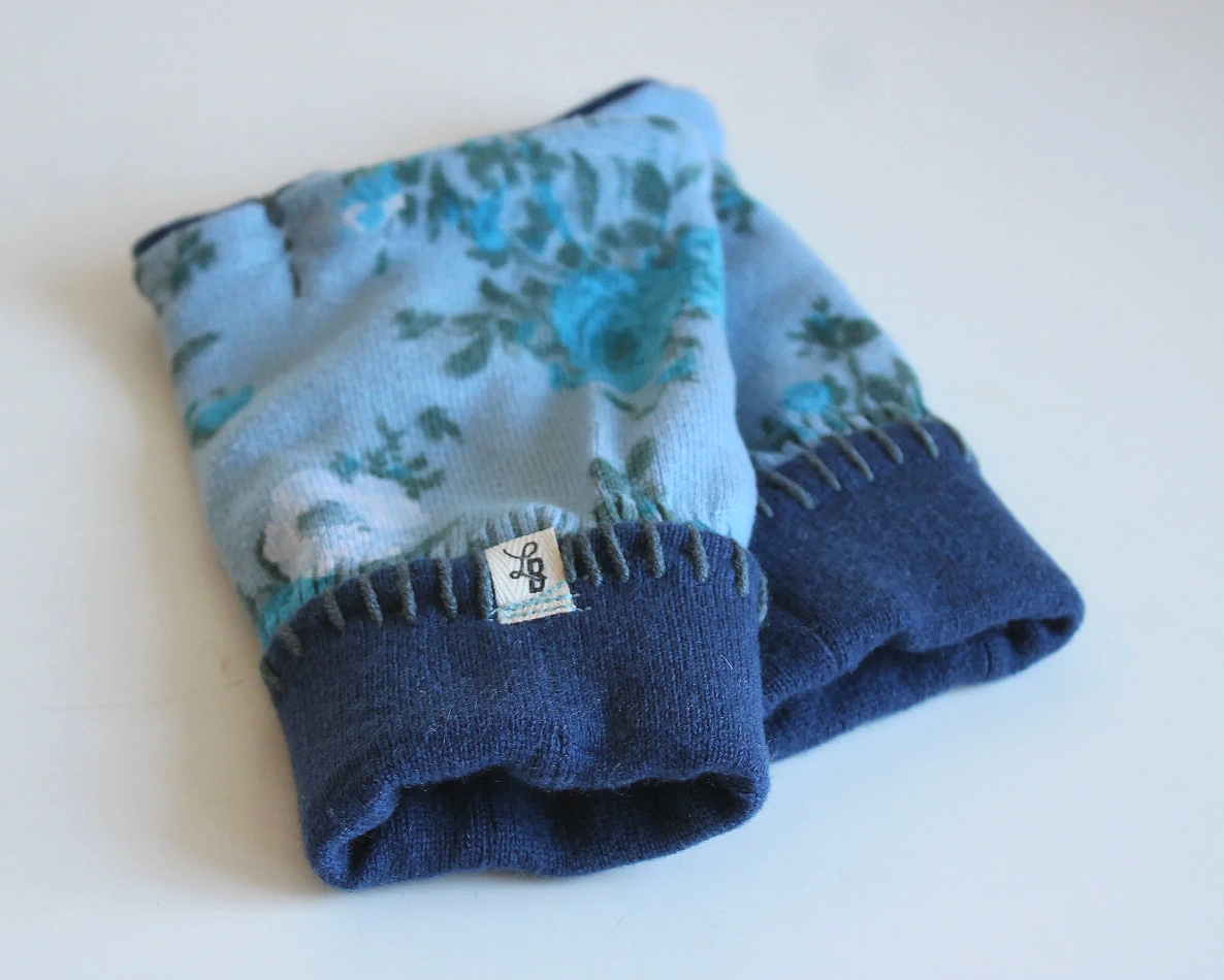 Blue Flowers Fingerless Mittens (Hand-Warmers)