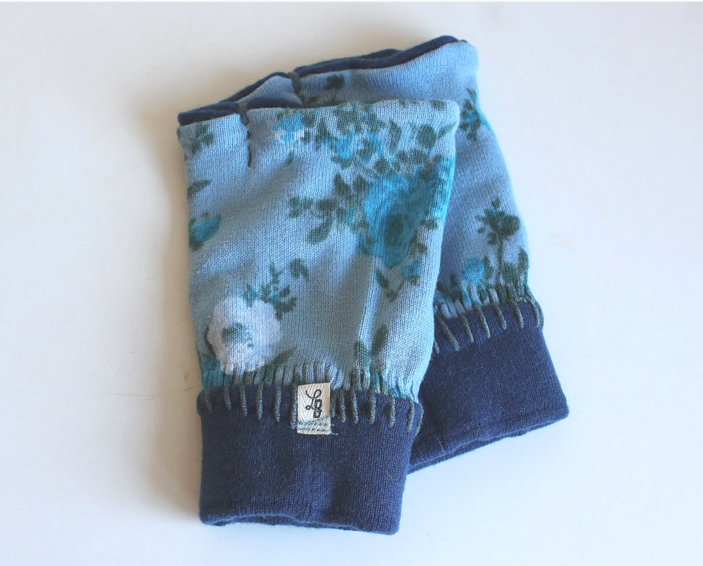 Blue Flowers Fingerless Mittens (Hand-Warmers)