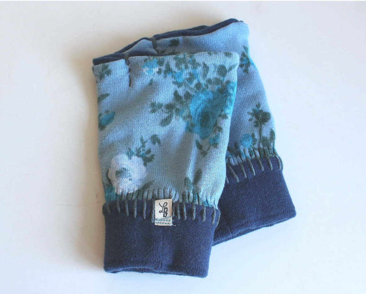 Blue Flowers Fingerless Mittens (Hand-Warmers)