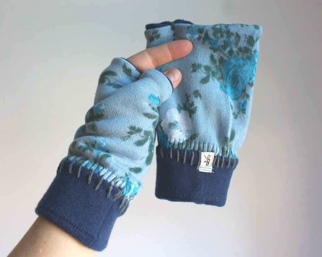 Blue Flowers Fingerless Mittens (Hand-Warmers)