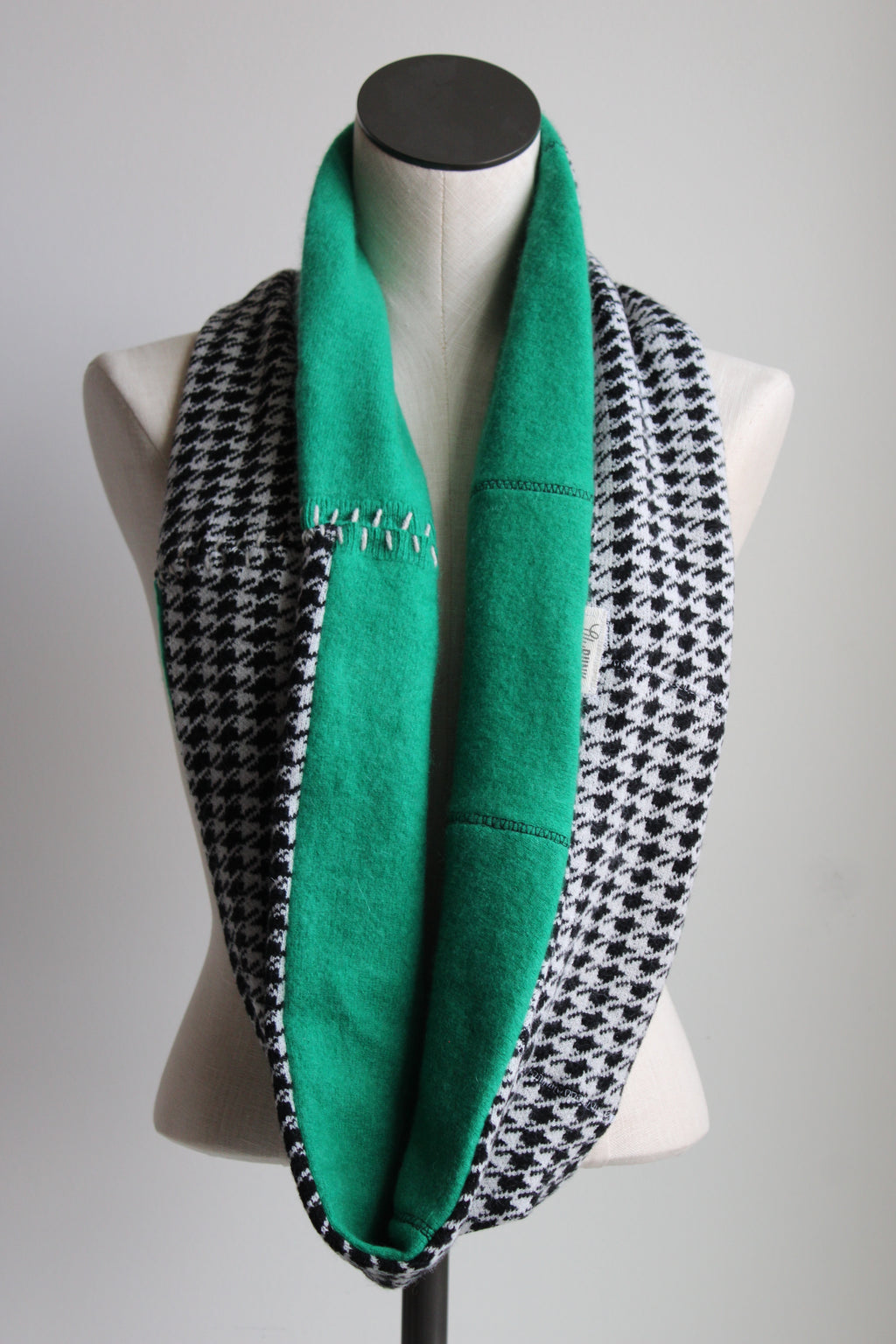 Black + White + Green Houndstooth Cashmere Lined Infinity Scarf
