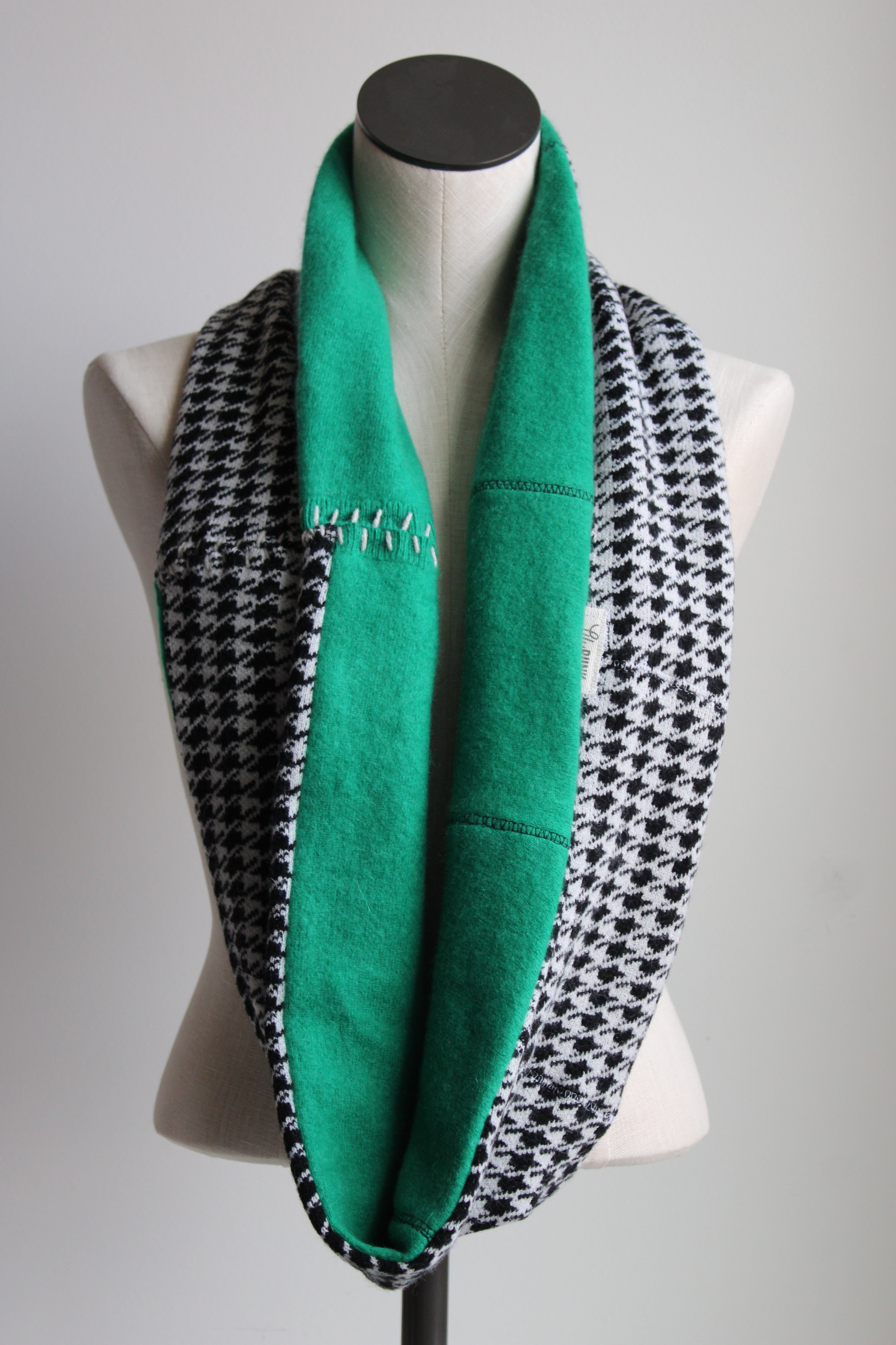 Black + White + Green Houndstooth Cashmere Lined Infinity Scarf