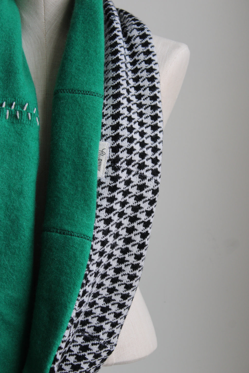 Black + White + Green Houndstooth Cashmere Lined Infinity Scarf