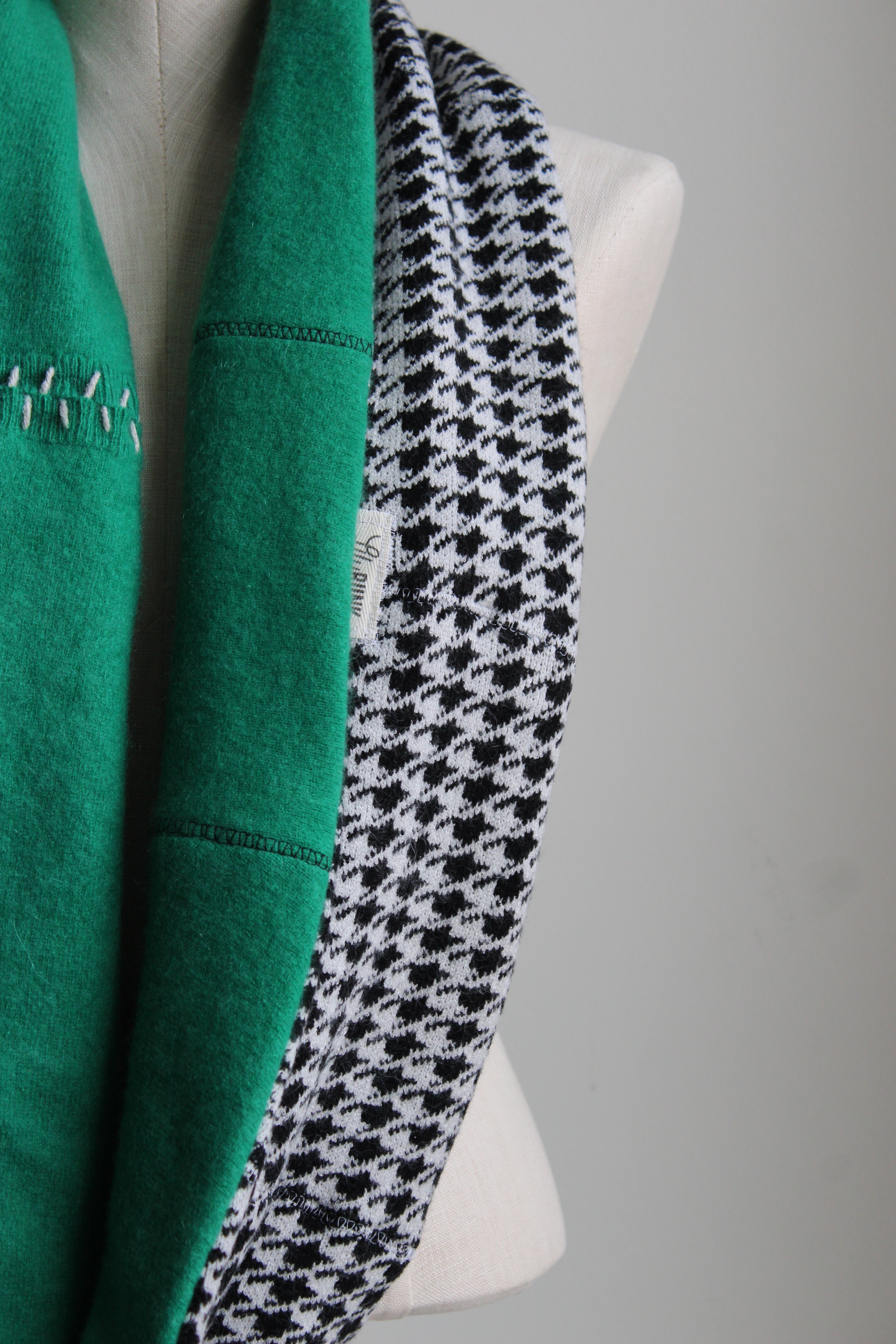Black + White + Green Houndstooth Cashmere Lined Infinity Scarf
