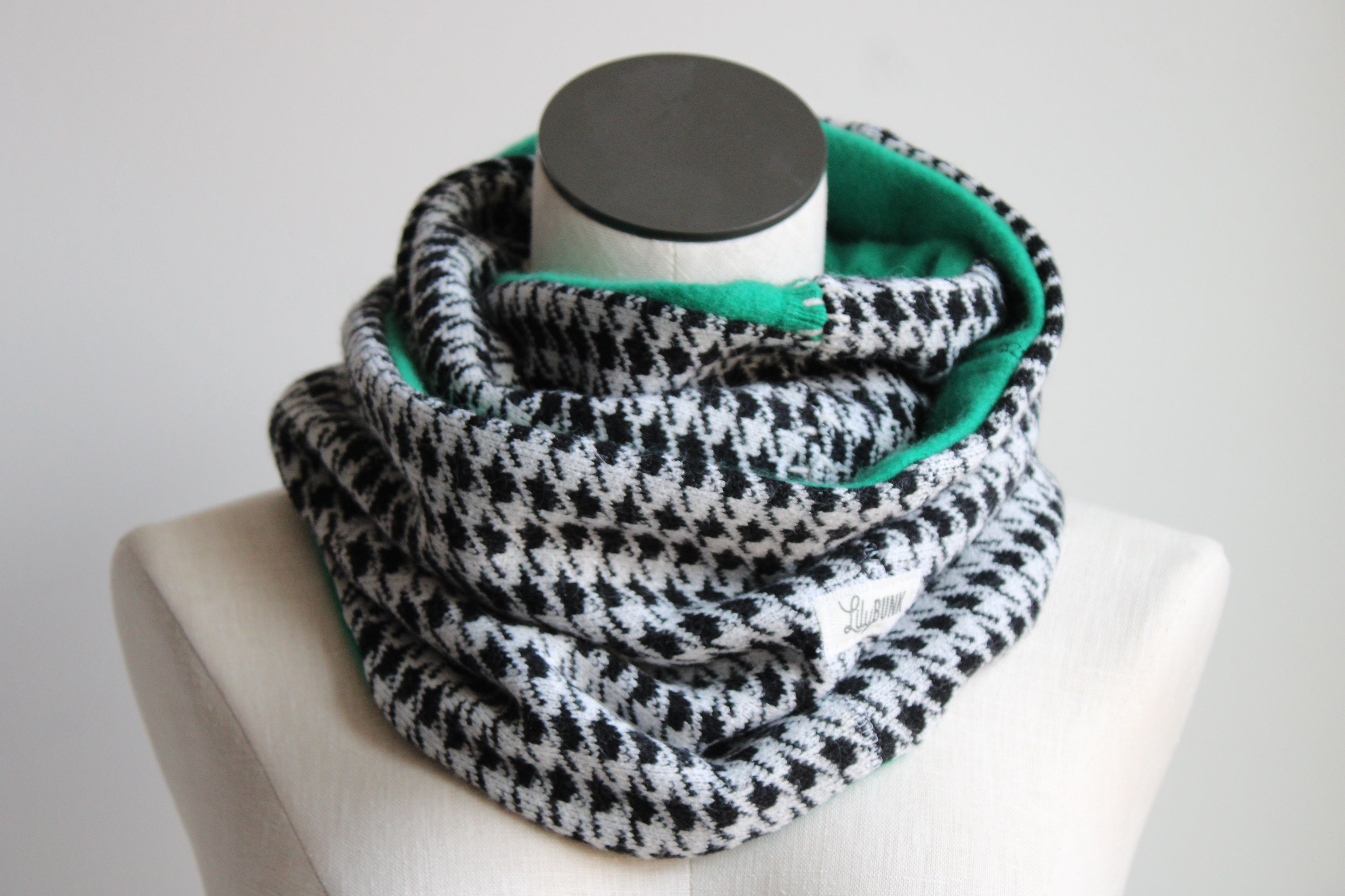 Black + White + Green Houndstooth Cashmere Lined Infinity Scarf