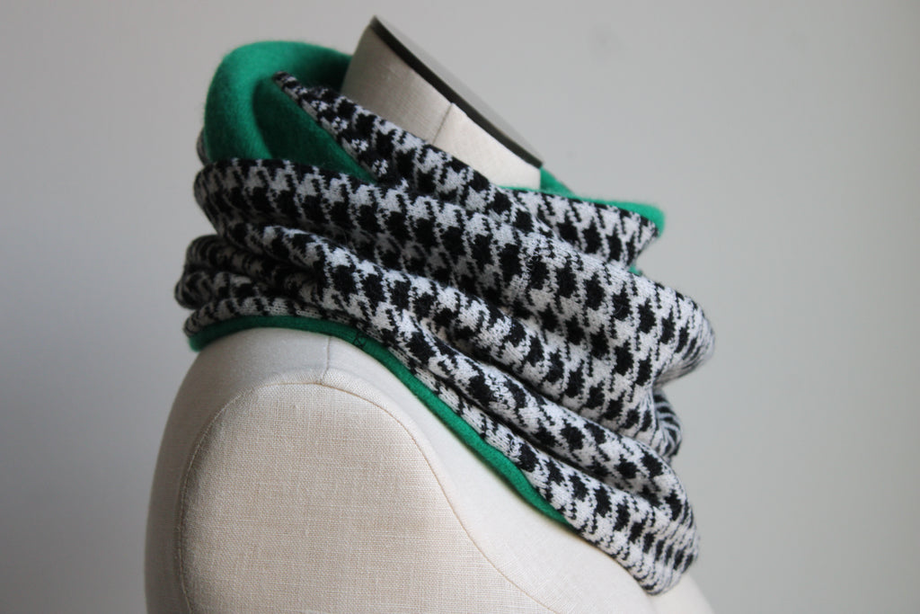 Black + White + Green Houndstooth Cashmere Lined Infinity Scarf