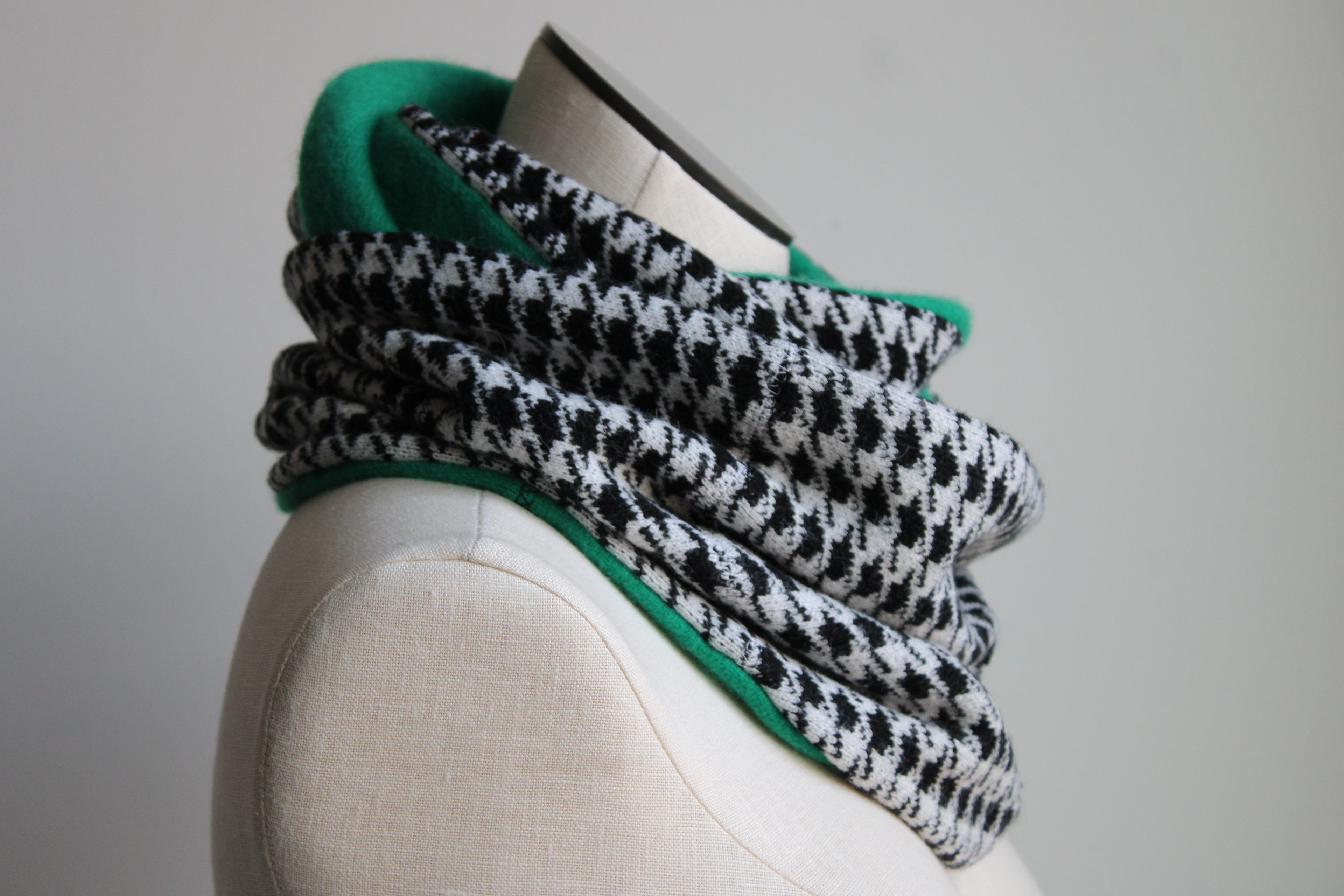Black + White + Green Houndstooth Cashmere Lined Infinity Scarf