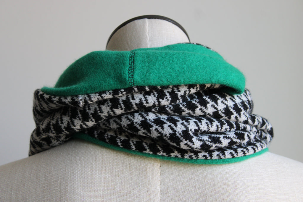 Black + White + Green Houndstooth Cashmere Lined Infinity Scarf