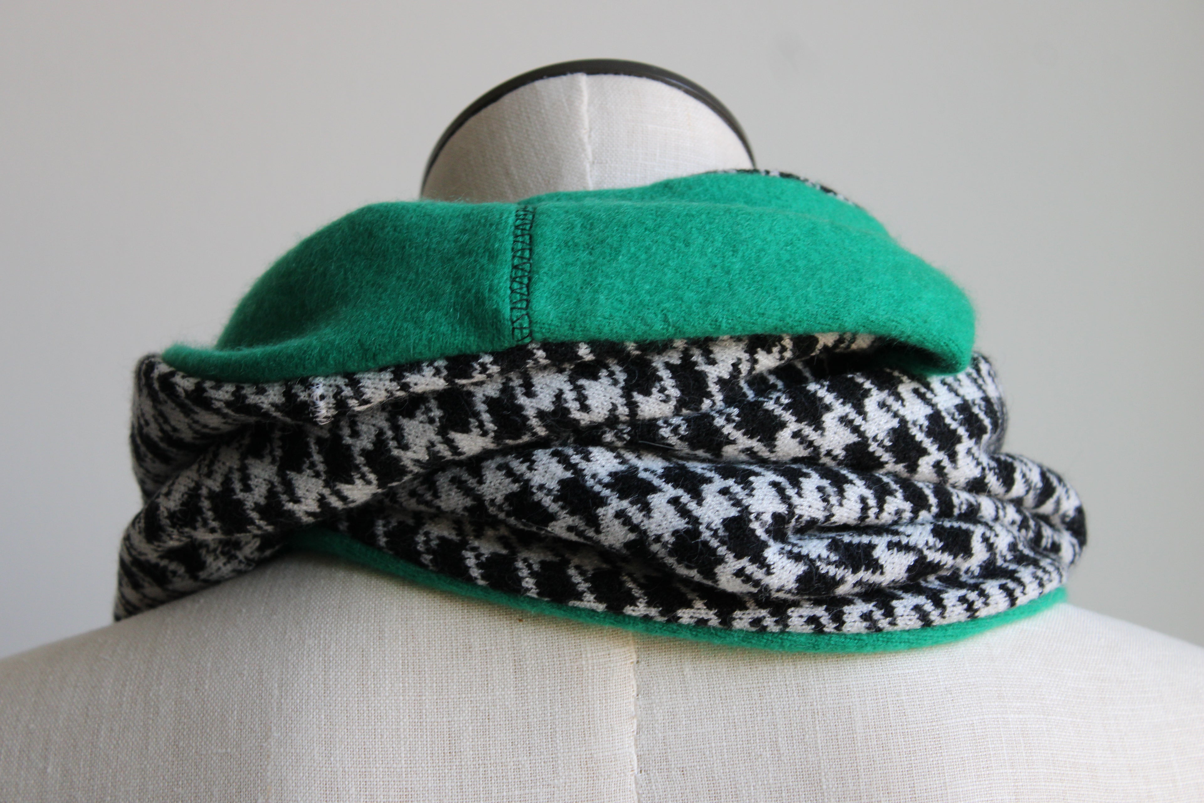 Black + White + Green Houndstooth Cashmere Lined Infinity Scarf