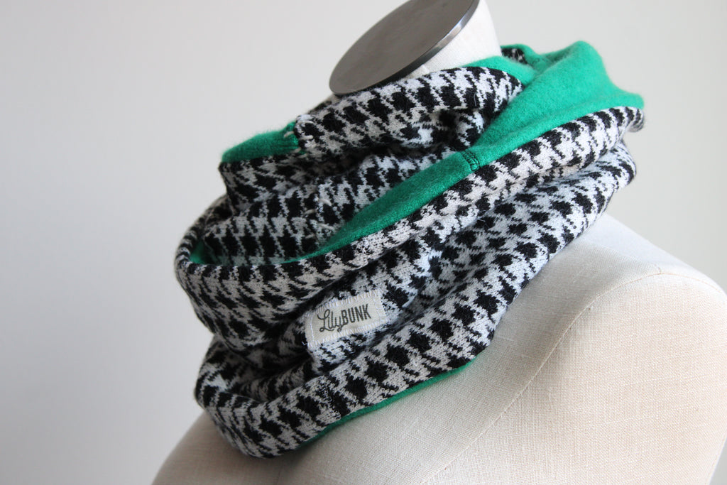 Black + White + Green Houndstooth Cashmere Lined Infinity Scarf