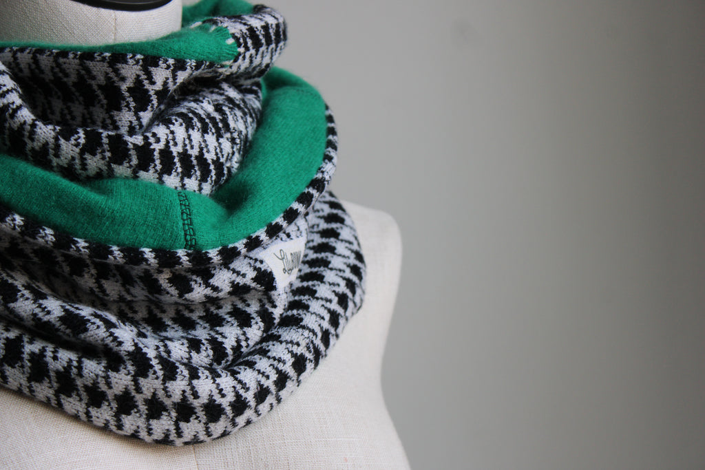 Black + White + Green Houndstooth Cashmere Lined Infinity Scarf