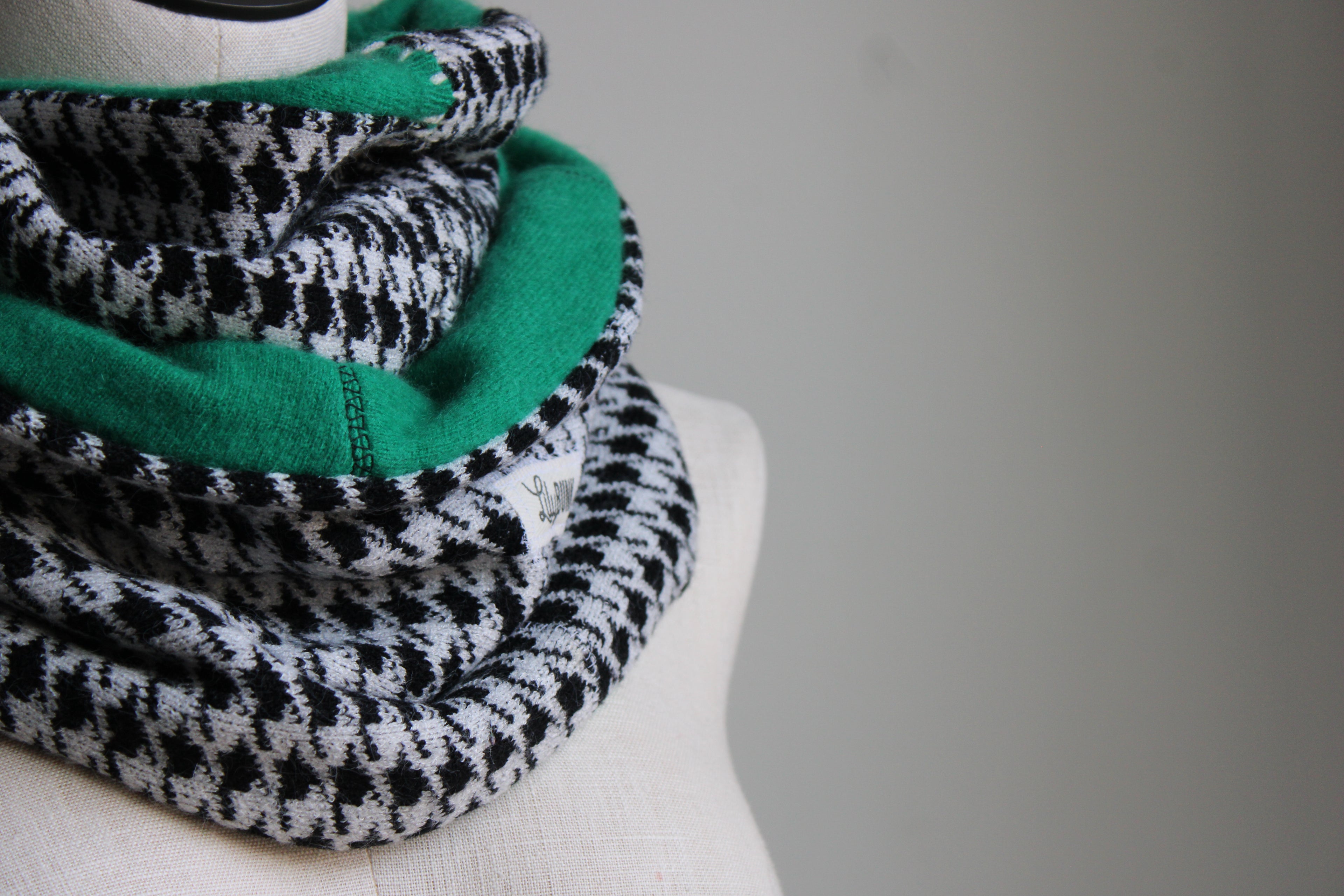 Black + White + Green Houndstooth Cashmere Lined Infinity Scarf