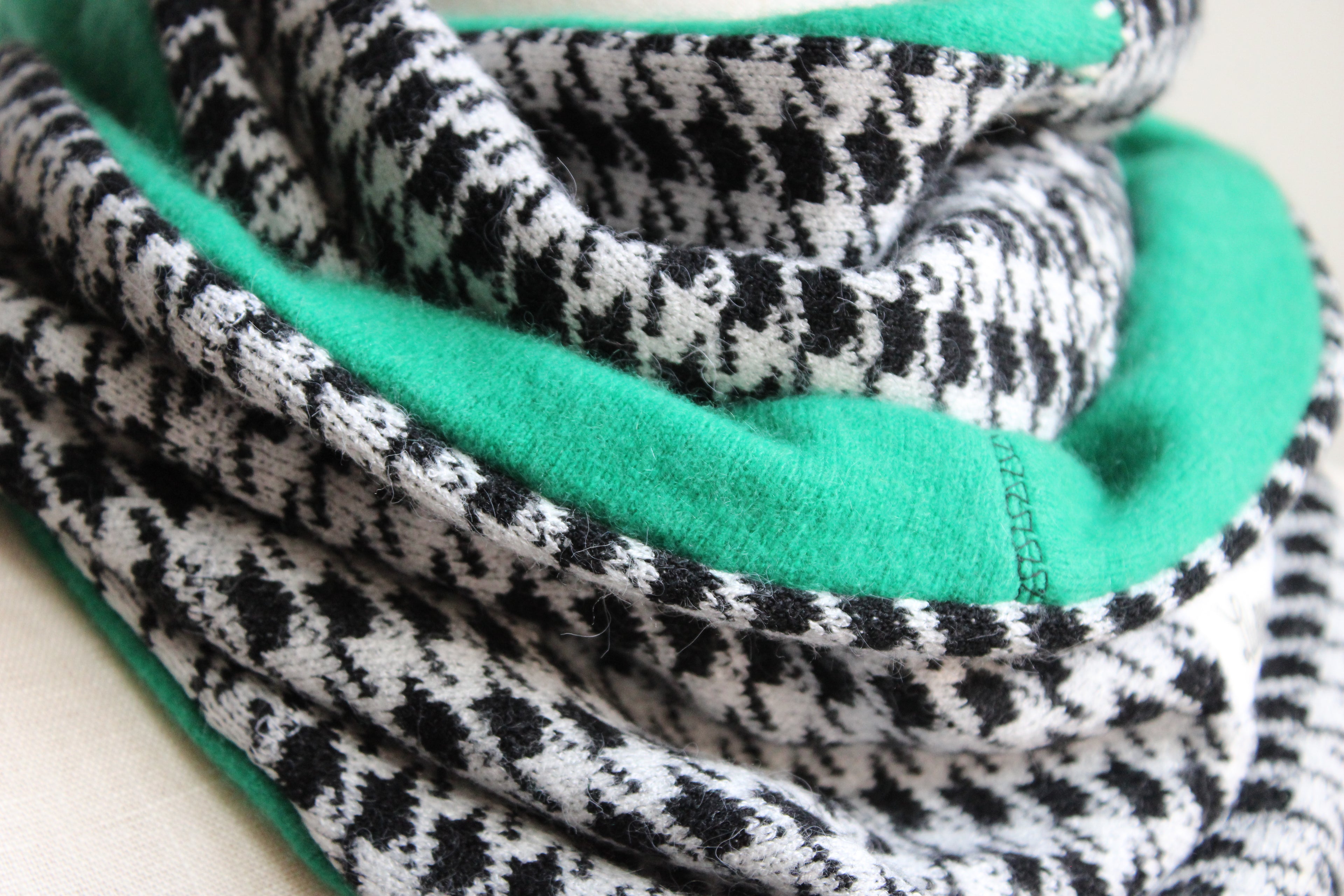 Black + White + Green Houndstooth Cashmere Lined Infinity Scarf