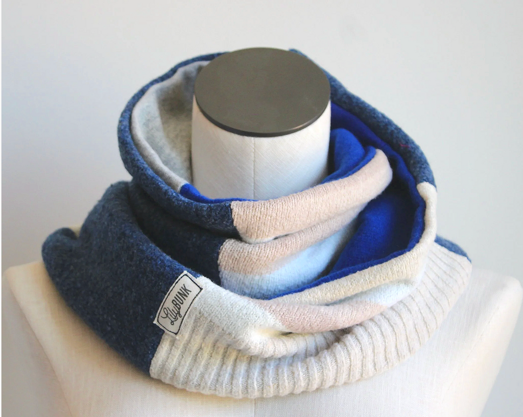 Blue Beige Cashmere Lined Infinity Scarf