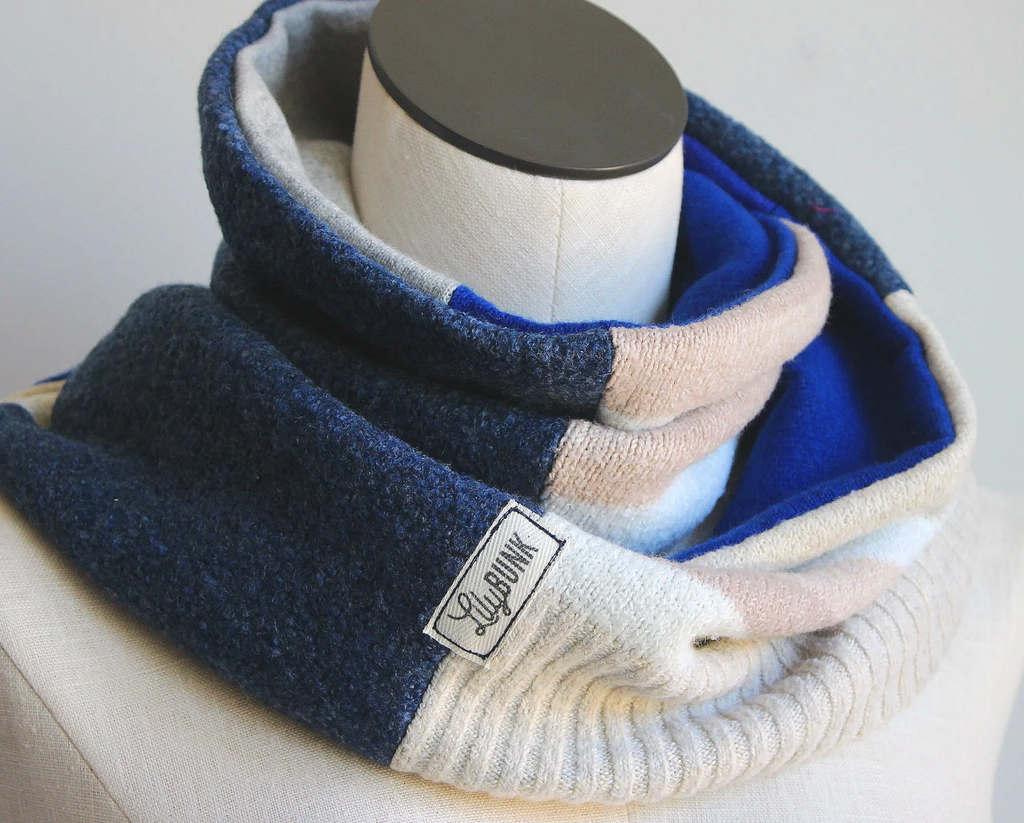 Blue Beige Cashmere Lined Infinity Scarf