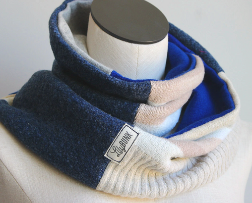 Blue Beige Cashmere Lined Infinity Scarf
