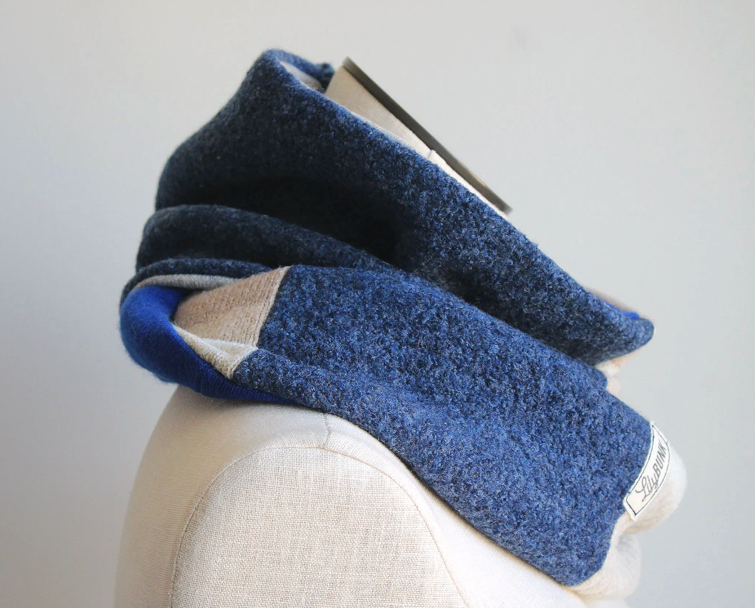Blue Beige Cashmere Lined Infinity Scarf