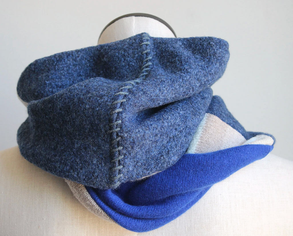 Blue Beige Cashmere Lined Infinity Scarf
