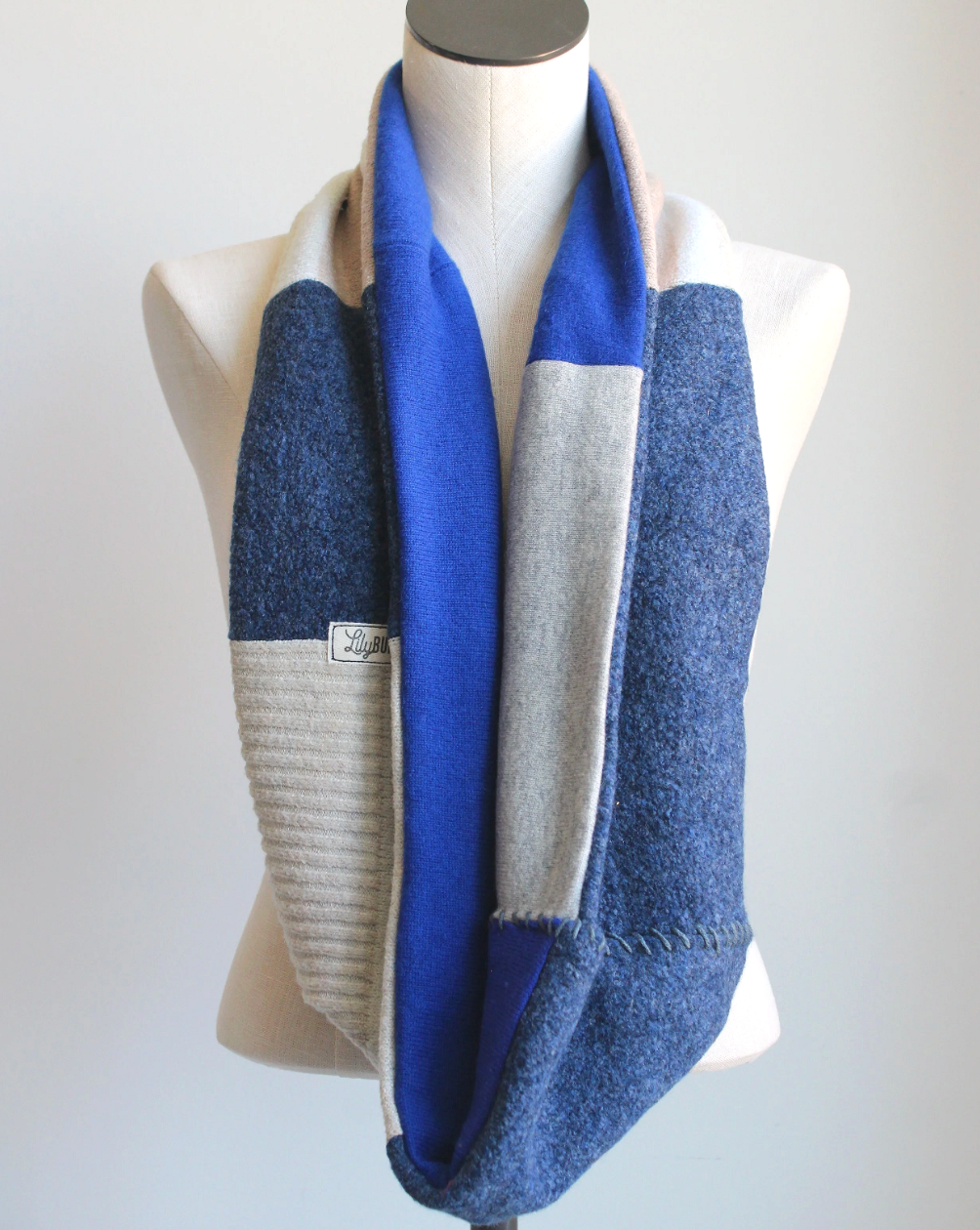 Blue Beige Cashmere Lined Infinity Scarf
