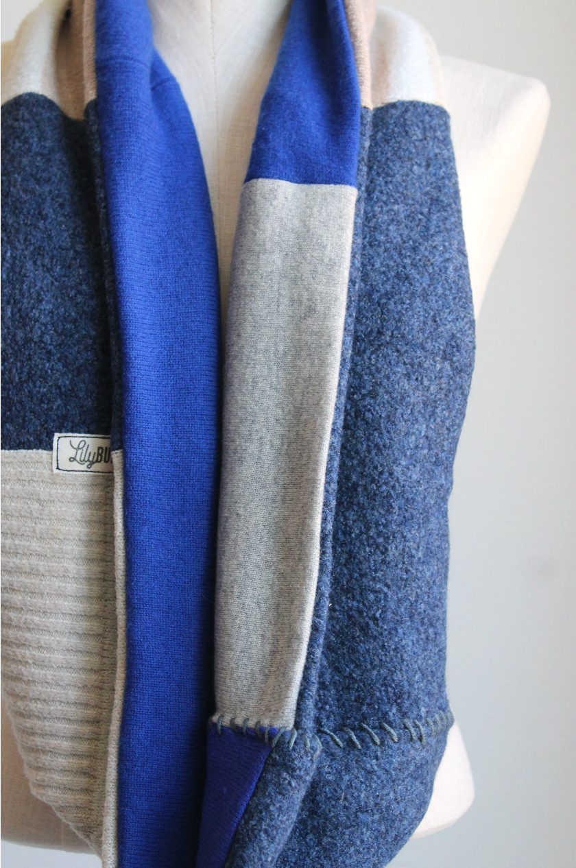 Blue Beige Cashmere Lined Infinity Scarf