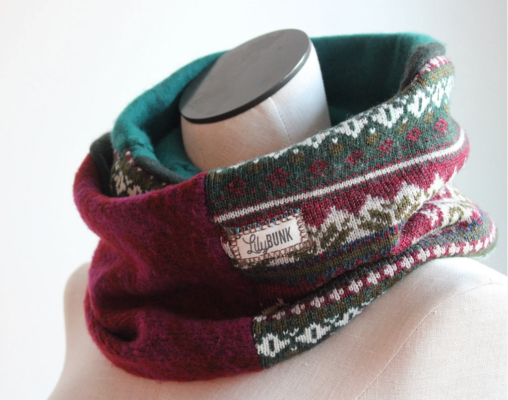 Bright Maroon + Tea Tree Green Cashmere Lined Infinity Scarf