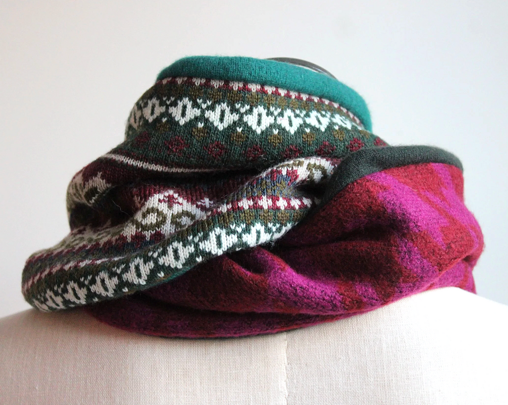 Bright Maroon + Tea Tree Green Cashmere Lined Infinity Scarf