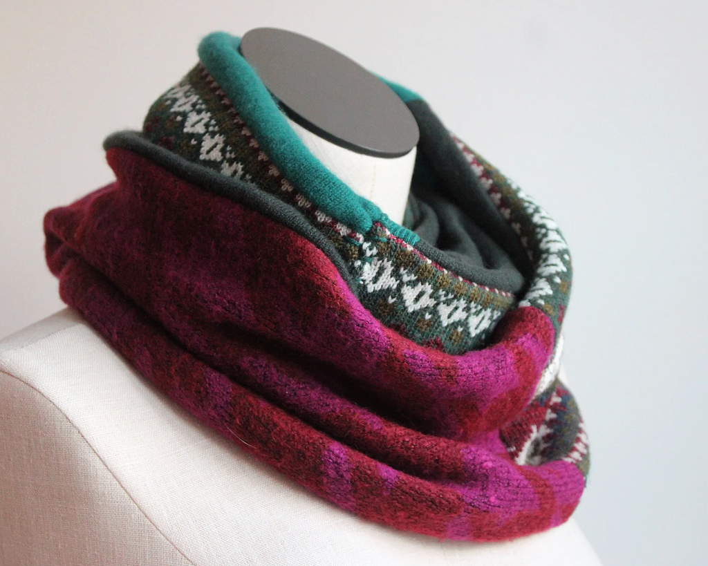 Bright Maroon + Tea Tree Green Cashmere Lined Infinity Scarf
