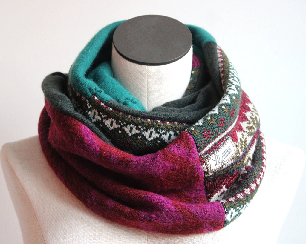 Bright Maroon + Tea Tree Green Cashmere Lined Infinity Scarf