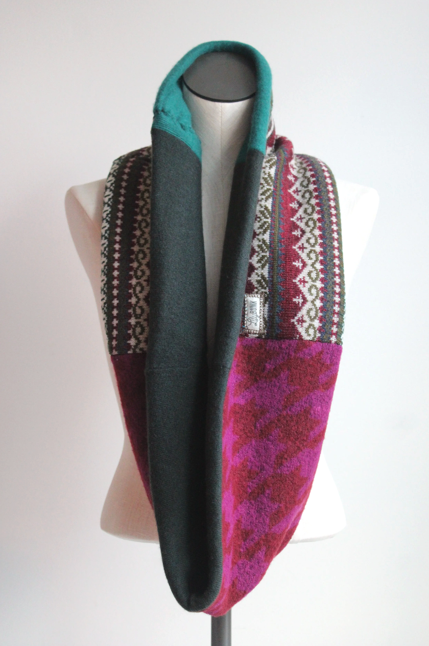 Bright Maroon + Tea Tree Green Cashmere Lined Infinity Scarf