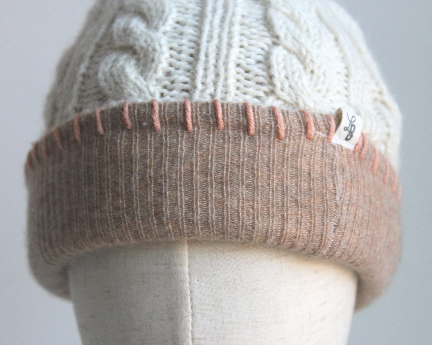 Cream-Cinnamon Cashmere Lined Hand-Knit Beanie