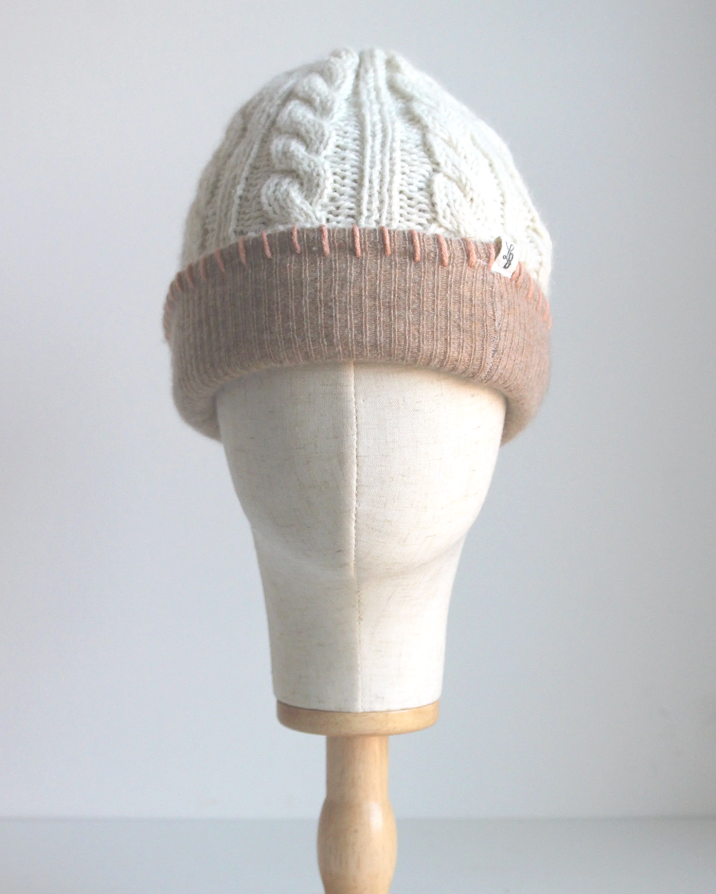 Cream-Cinnamon Cashmere Lined Hand-Knit Beanie