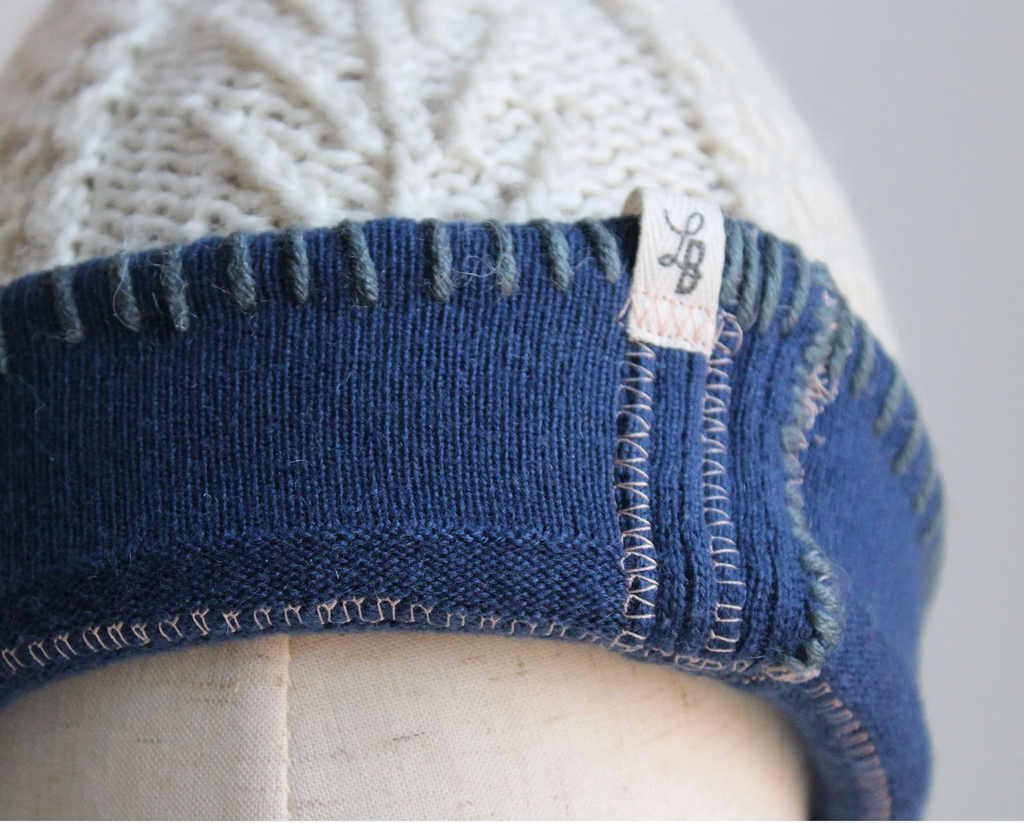Cream-Navy Blue Cashmere Lined Hand-Knit Beanie