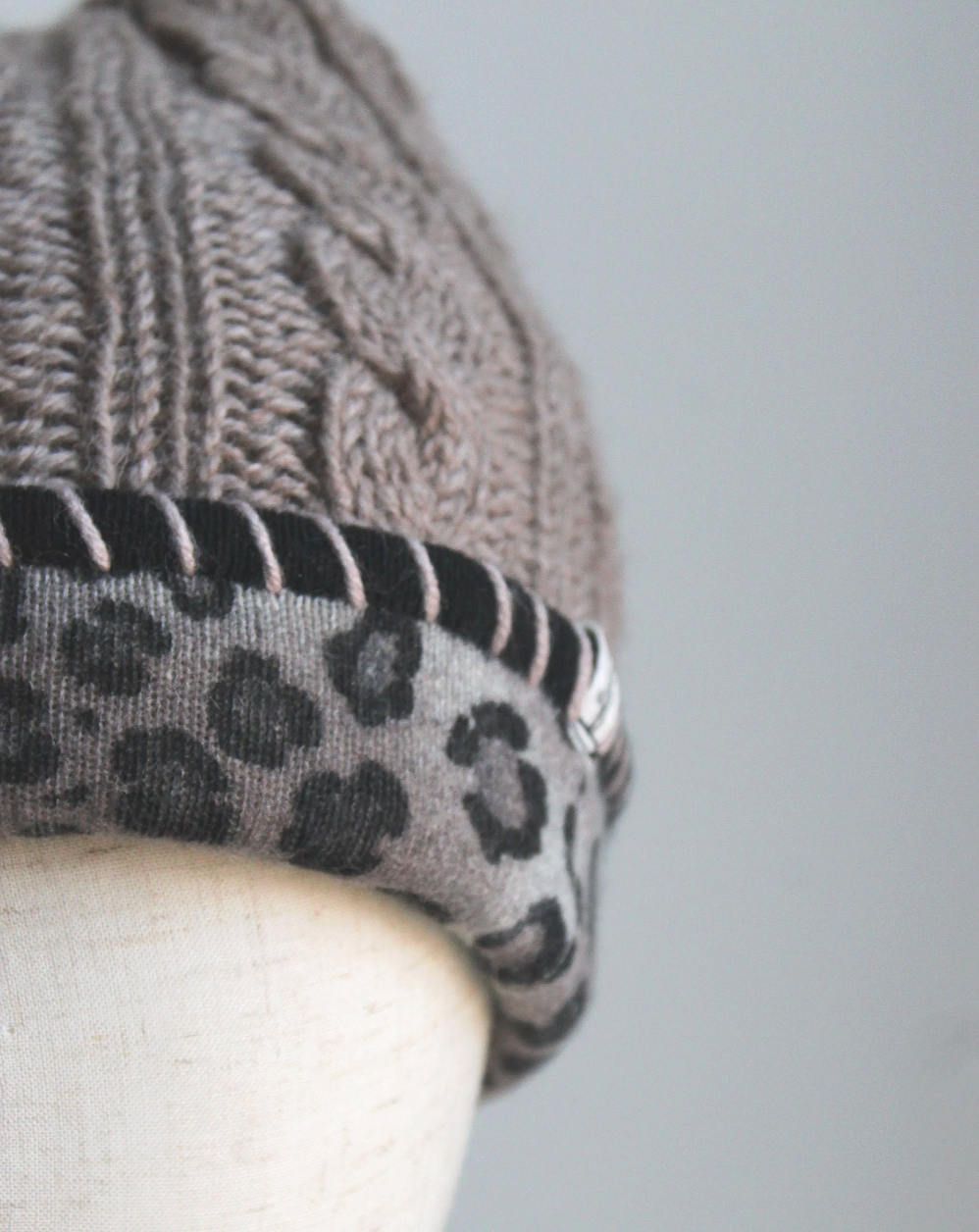 Ash-Tan Leopard Cashmere Lined Hand-Knit Beanie