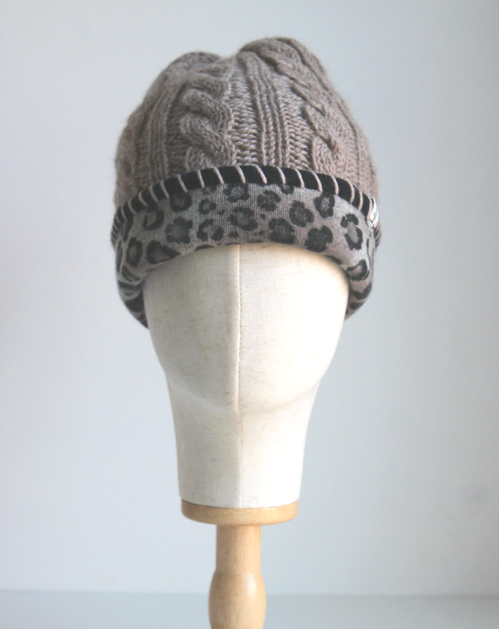 Ash-Tan Leopard Cashmere Lined Hand-Knit Beanie