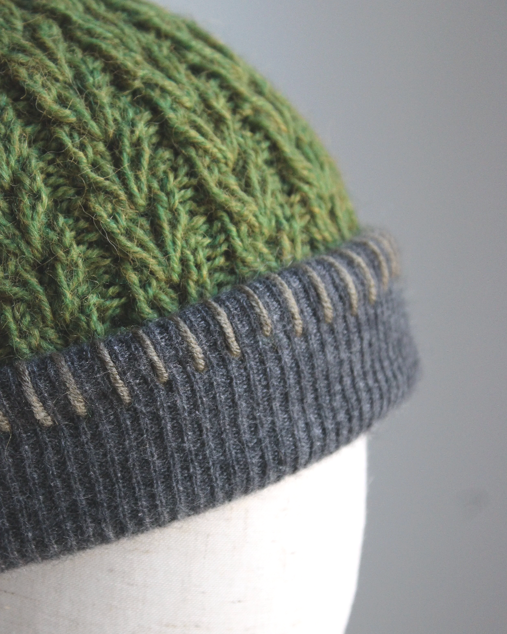 Green-Dark Gray Cashmere Lined Hand-Knit Beanie