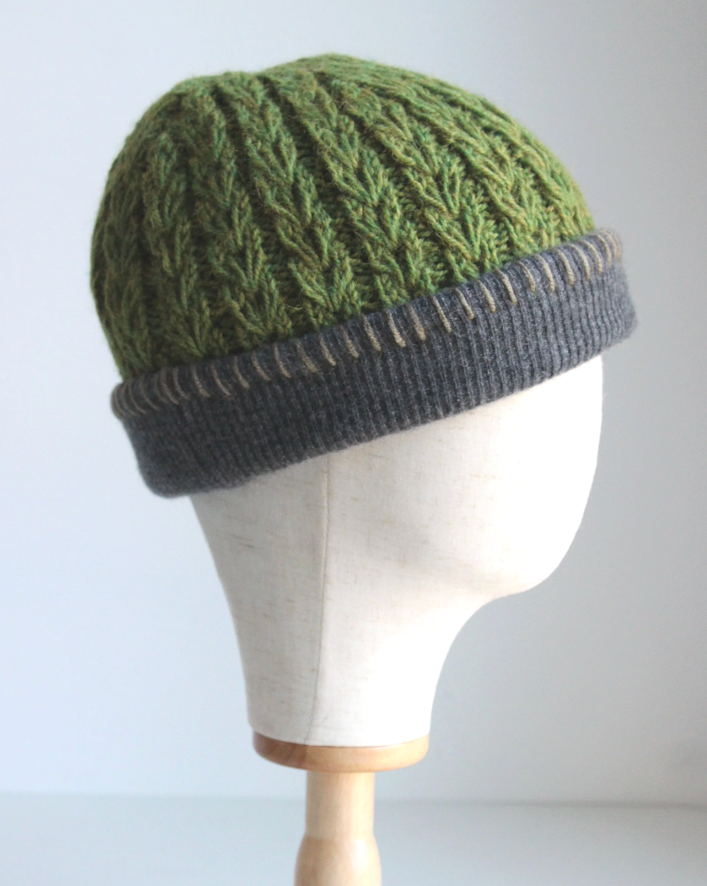 Green-Dark Gray Cashmere Lined Hand-Knit Beanie