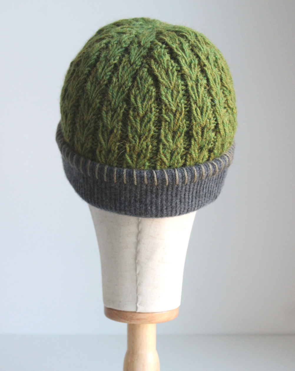 Green-Dark Gray Cashmere Lined Hand-Knit Beanie