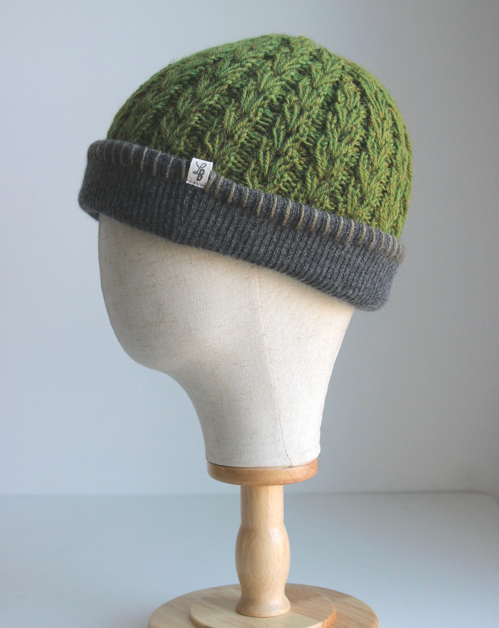 Green-Dark Gray Cashmere Lined Hand-Knit Beanie
