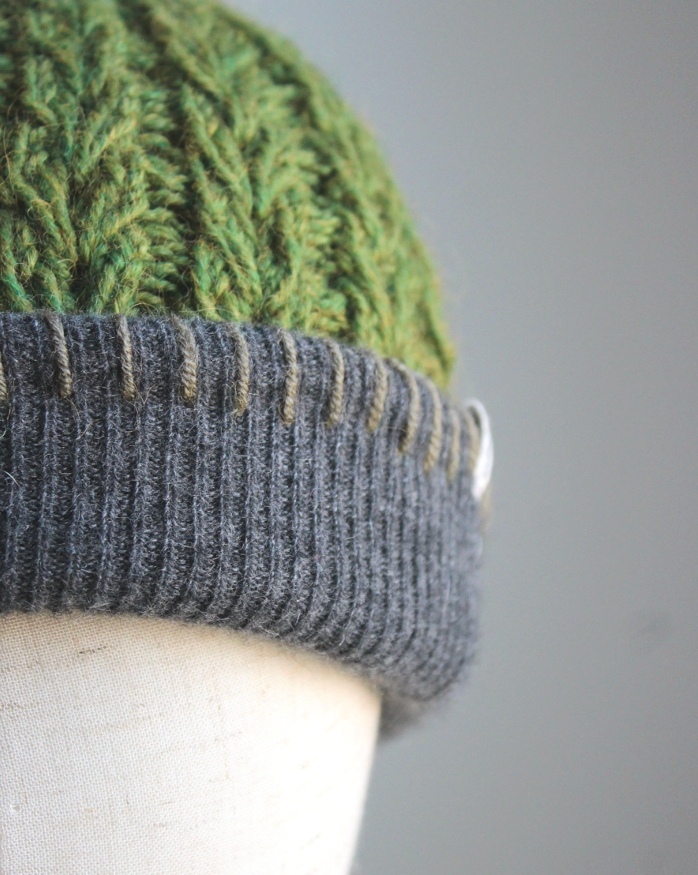 Green-Dark Gray Cashmere Lined Hand-Knit Beanie