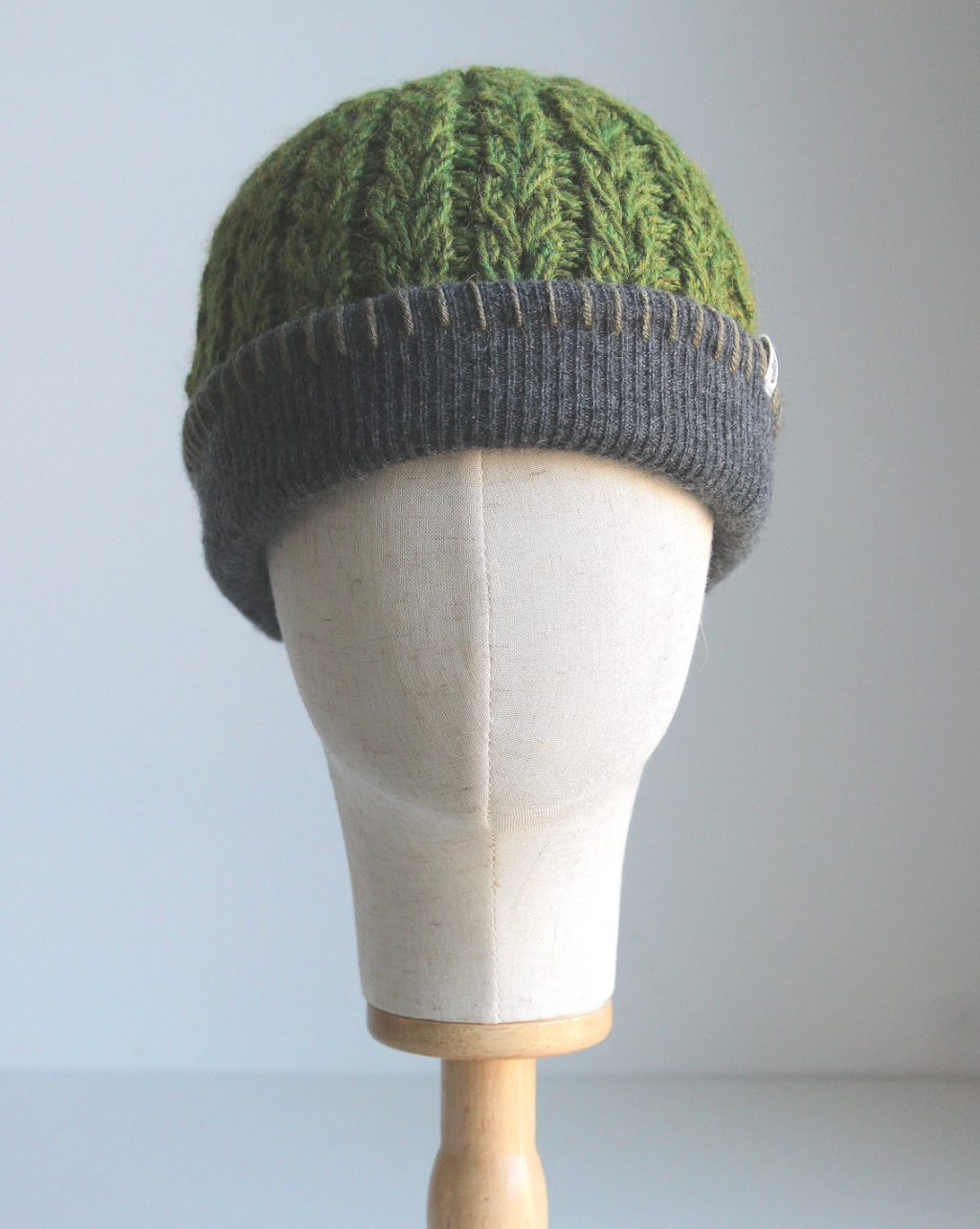 Green-Dark Gray Cashmere Lined Hand-Knit Beanie