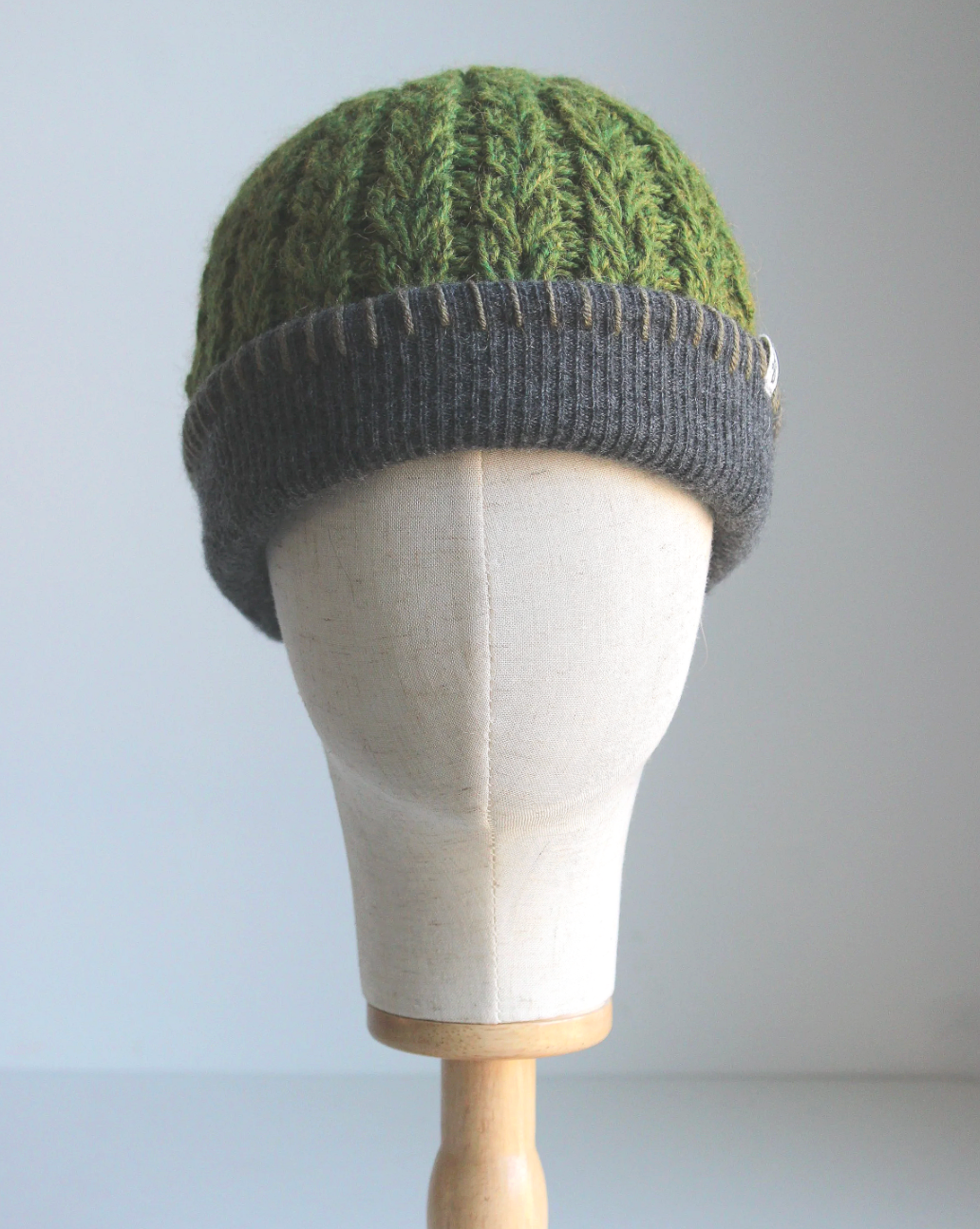 Green-Dark Gray Cashmere Lined Hand-Knit Beanie