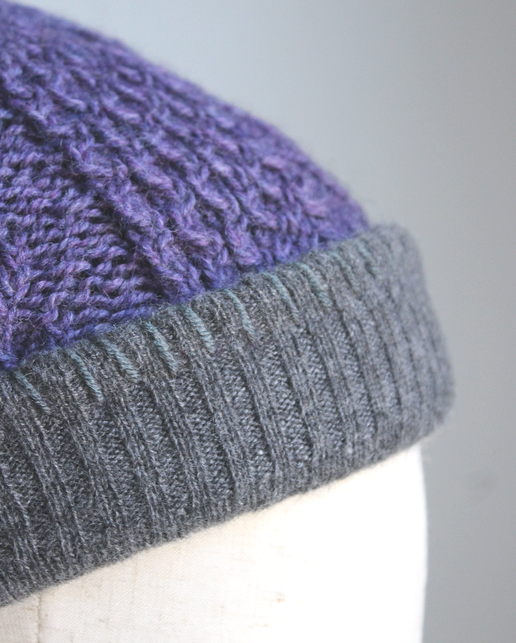 Purple-Dark Gray Cashmere Lined Hand-Knit Beanie