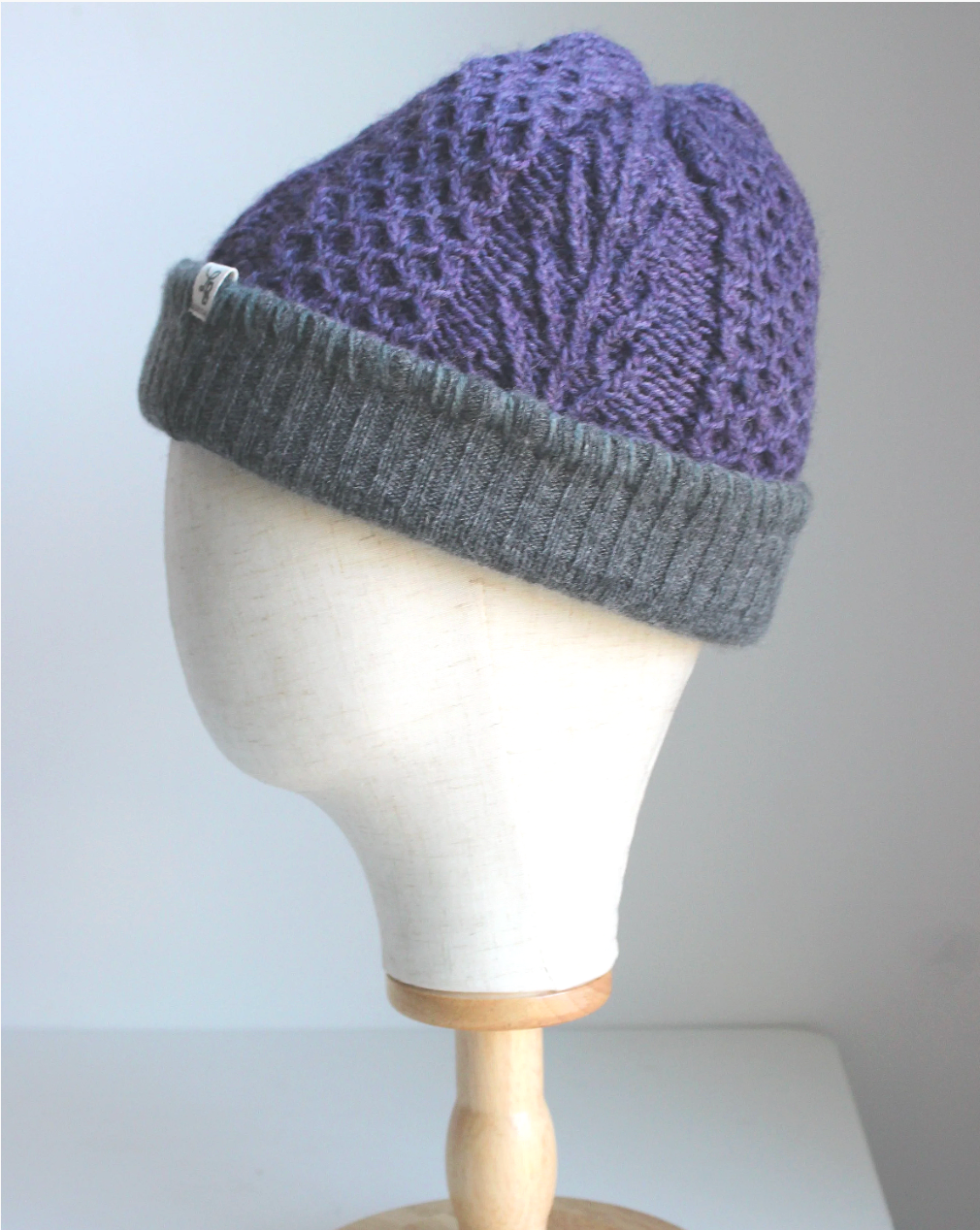 Purple-Dark Gray Cashmere Lined Hand-Knit Beanie