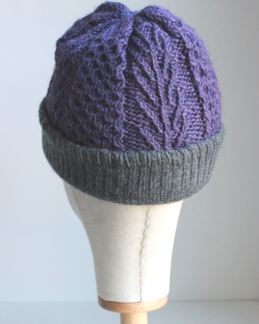 Purple-Dark Gray Cashmere Lined Hand-Knit Beanie