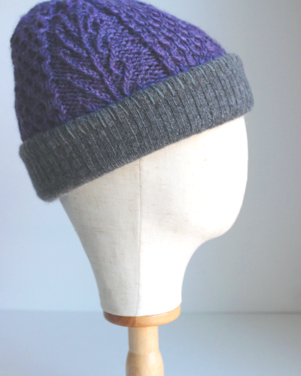Purple-Dark Gray Cashmere Lined Hand-Knit Beanie